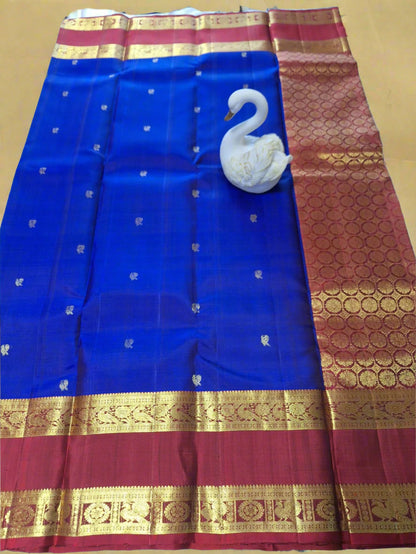 Pure Handloom Kanjeevaram Silk - Royal Blue Red Peacock Motifs with Bentex border