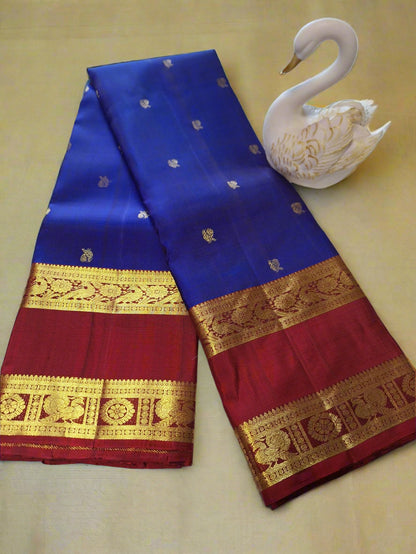Pure Handloom Kanjeevaram Silk - Royal Blue Red Peacock Motifs with Bentex border