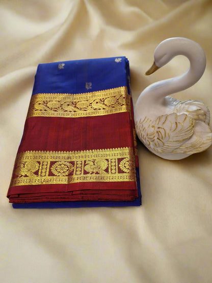 Pure Handloom Kanjeevaram Silk - Royal Blue Red Peacock Motifs with Bentex border