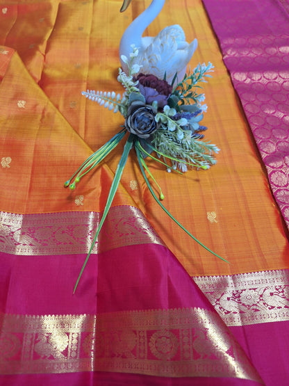 Pure Handloom Kanjeevaram Silk - Orange Bold Pink Peacock Motifs with Bentex border