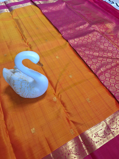Pure Handloom Kanjeevaram Silk - Orange Bold Pink Peacock Motifs with Bentex border