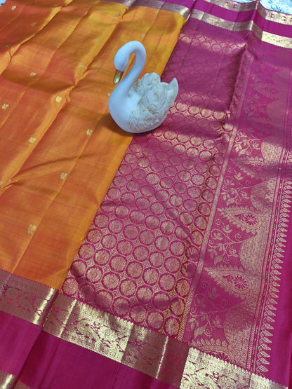 Pure Handloom Kanjeevaram Silk - Orange Bold Pink Peacock Motifs with Bentex border