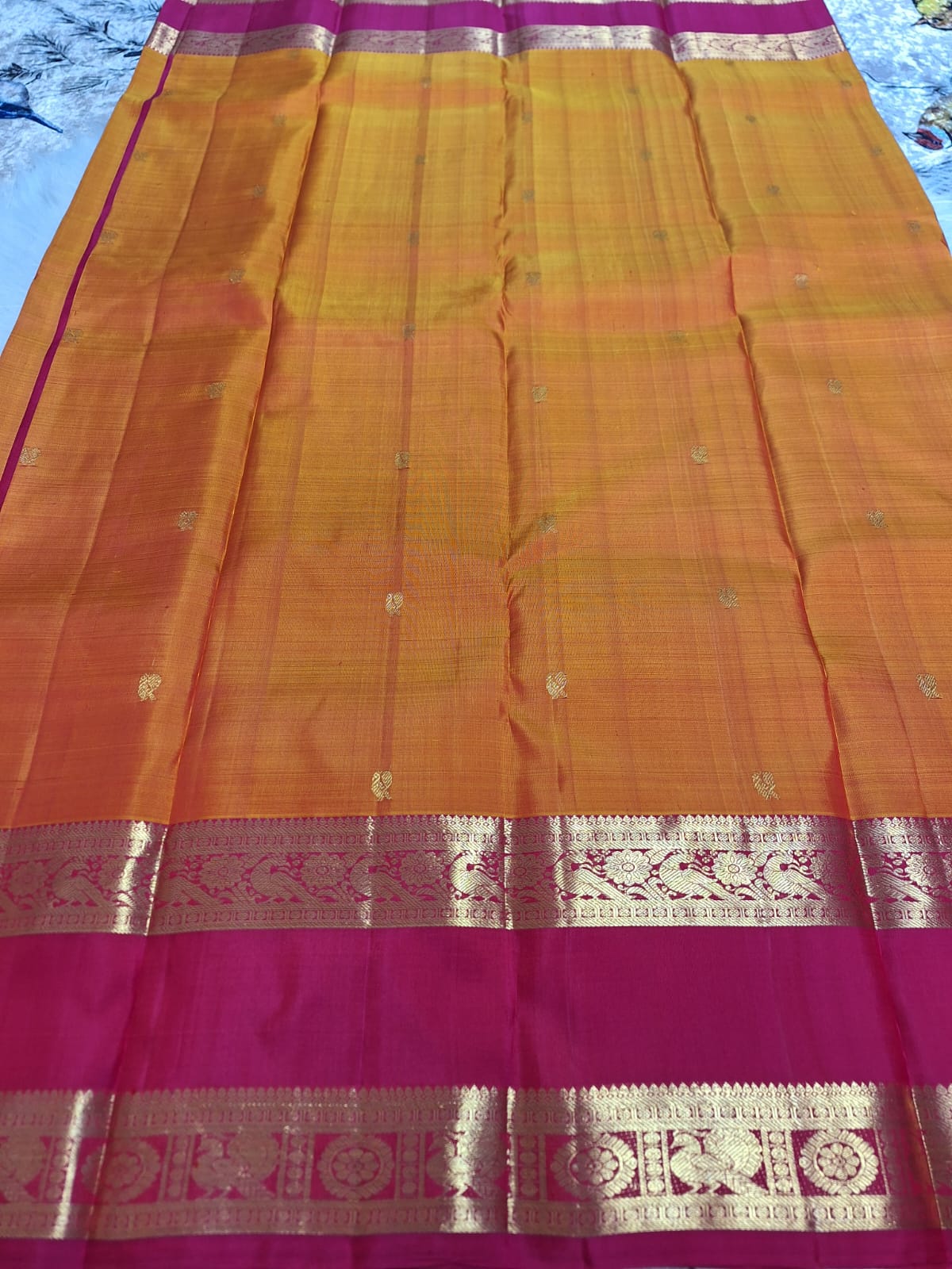 Pure Handloom Kanjeevaram Silk - Orange Bold Pink Peacock Motifs with Bentex border
