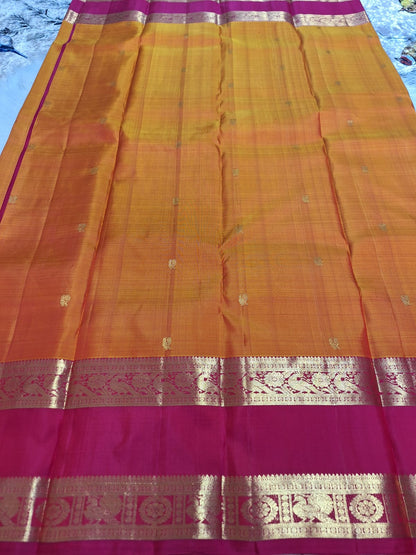 Pure Handloom Kanjeevaram Silk - Orange Bold Pink Peacock Motifs with Bentex border