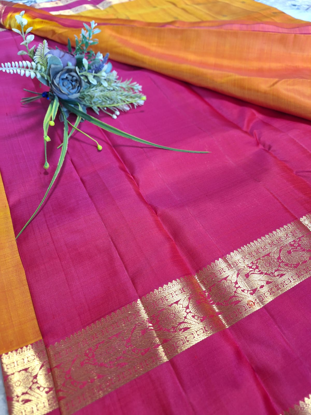Pure Handloom Kanjeevaram Silk - Orange Bold Pink Peacock Motifs with Bentex border