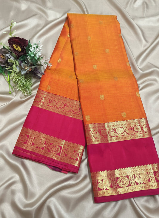 Pure Handloom Kanjeevaram Silk - Orange Bold Pink Peacock Motifs with Bentex border