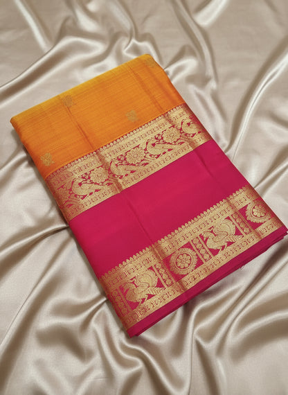 Pure Handloom Kanjeevaram Silk - Orange Bold Pink Peacock Motifs with Bentex border