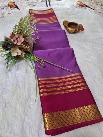 Pure Mysore Crepe Silk - Electric Purple & Rani Pink Golden border