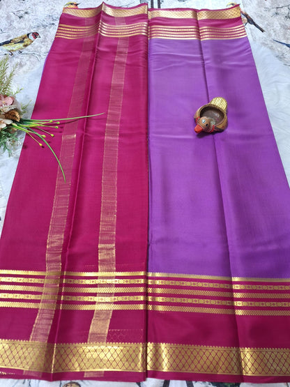 Pure Mysore Crepe Silk - Electric Purple & Rani Pink Golden border