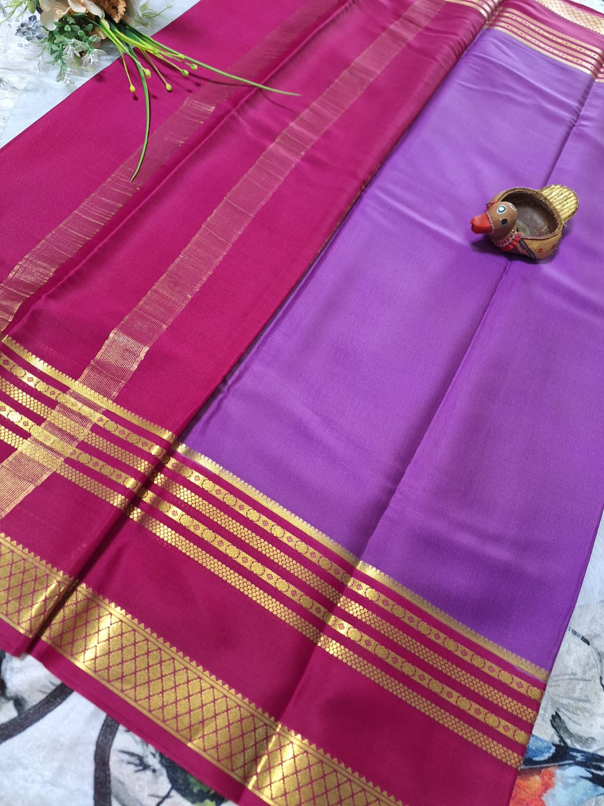 Pure Mysore Crepe Silk - Electric Purple & Rani Pink Golden border