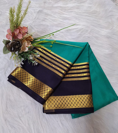 Pure Mysore Crepe Silk - Pine Green & Navy Blue Embellished border