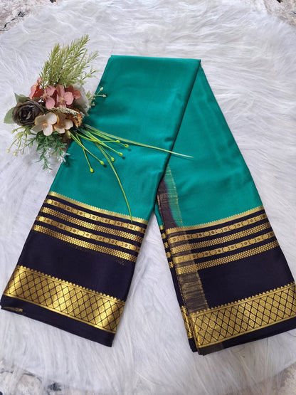Pure Mysore Crepe Silk - Pine Green & Navy Blue Embellished border