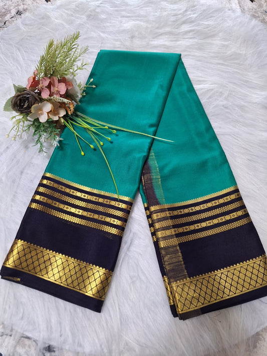 Pure Mysore Crepe Silk - Pine Green & Navy Blue Embellished border