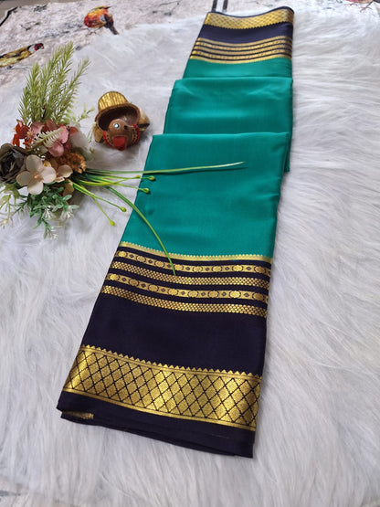 Pure Mysore Crepe Silk - Pine Green & Navy Blue Embellished border