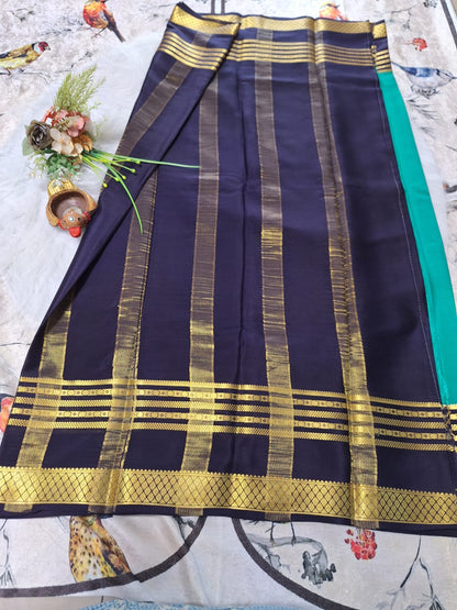 Pure Mysore Crepe Silk - Pine Green & Navy Blue Embellished border