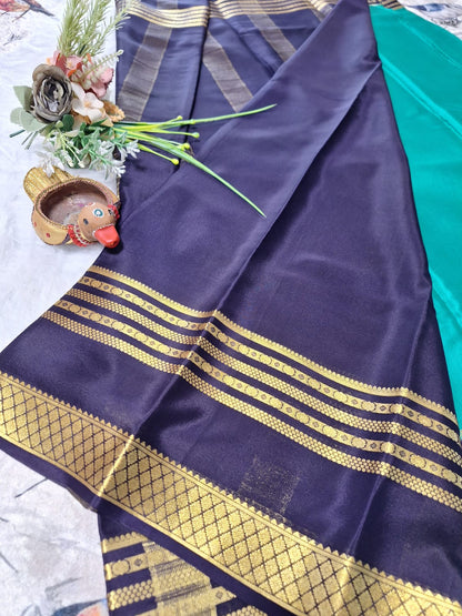 Pure Mysore Crepe Silk - Pine Green & Navy Blue Embellished border