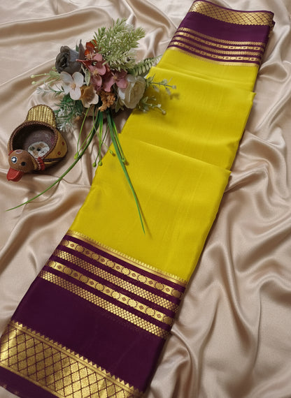 Pure Mysore Crepe Silk-Yellow & Orchid Purple Embellished border