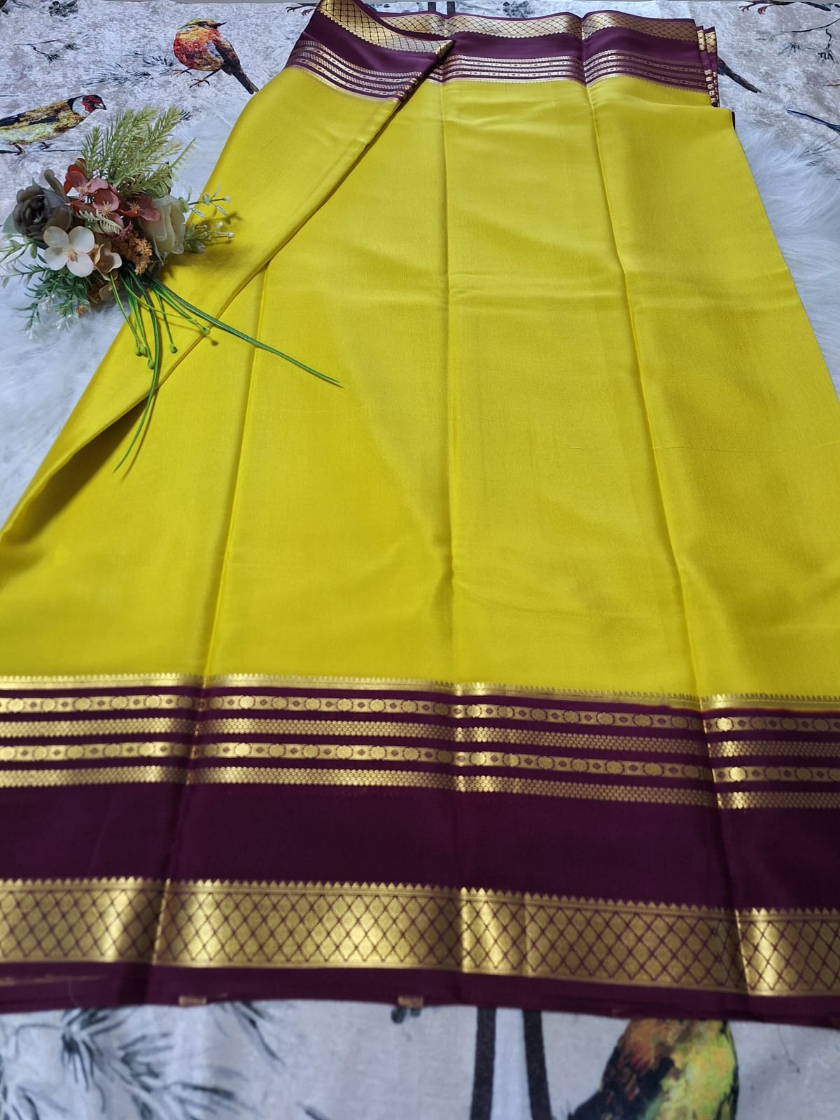 Pure Mysore Crepe Silk-Yellow & Orchid Purple Embellished border