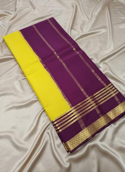 Pure Mysore Crepe Silk-Yellow & Orchid Purple Embellished border