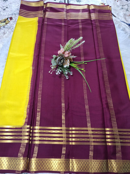 Pure Mysore Crepe Silk-Yellow & Orchid Purple Embellished border