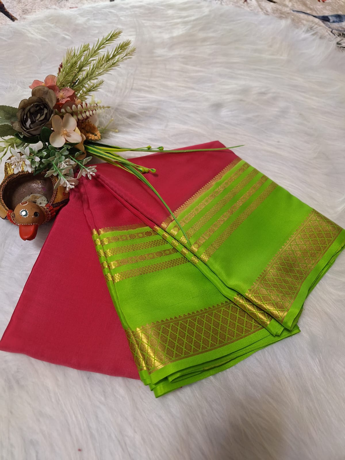 Pure Mysore Crepe Silk - Coral Pink & Green Embellished border