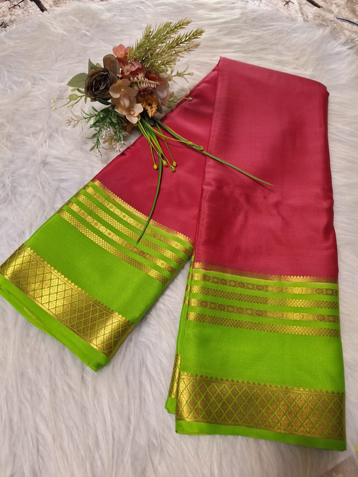 Pure Mysore Crepe Silk - Coral Pink & Green Embellished border
