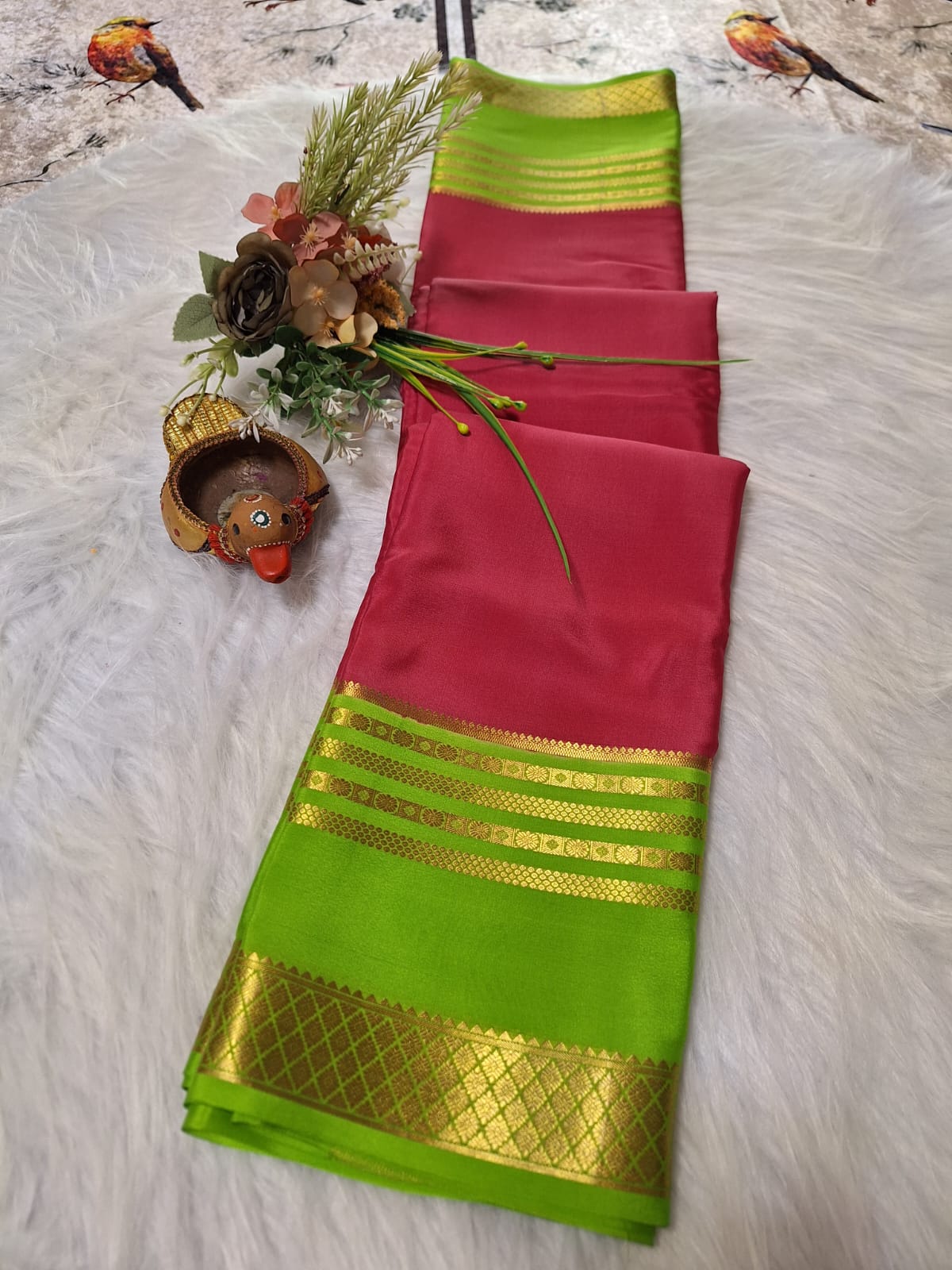 Pure Mysore Crepe Silk - Coral Pink & Green Embellished border