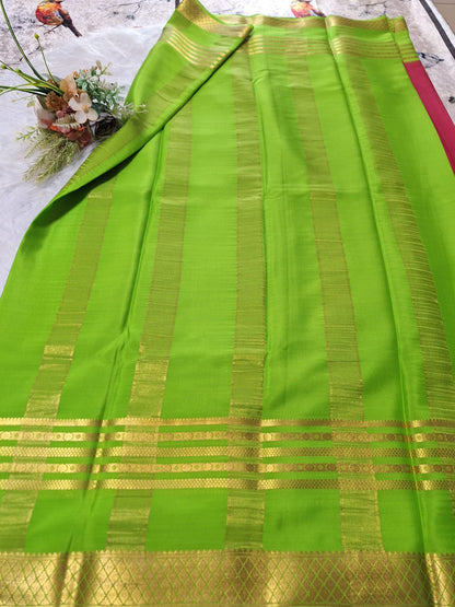 Pure Mysore Crepe Silk - Coral Pink & Green Embellished border
