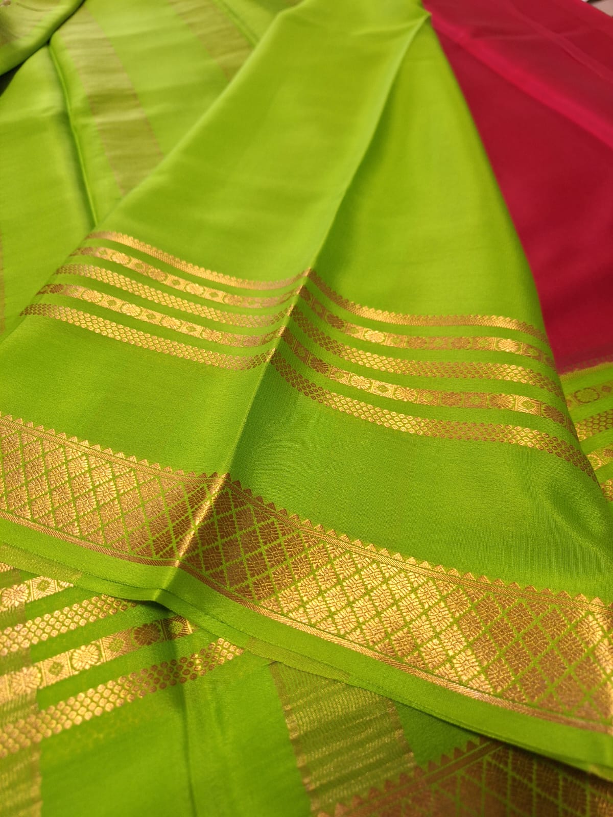 Pure Mysore Crepe Silk - Coral Pink & Green Embellished border