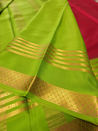 Pure Mysore Crepe Silk - Coral Pink & Green Embellished border