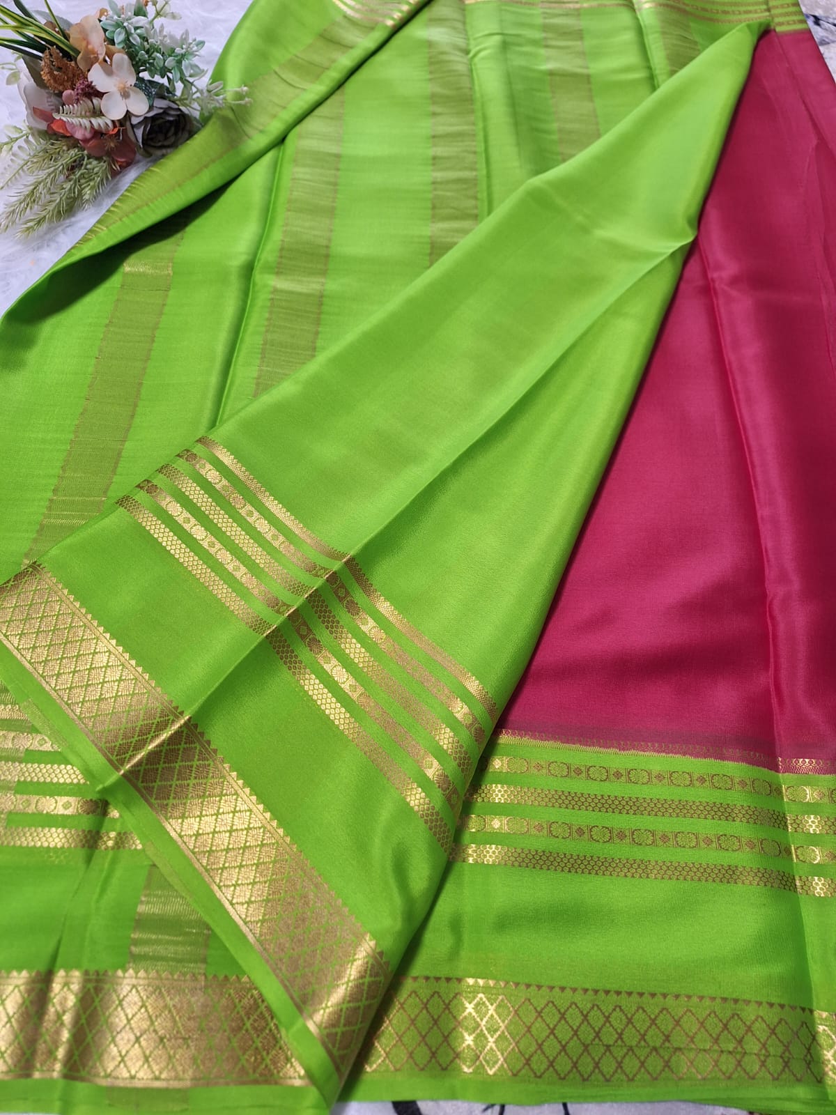 Pure Mysore Crepe Silk - Coral Pink & Green Embellished border
