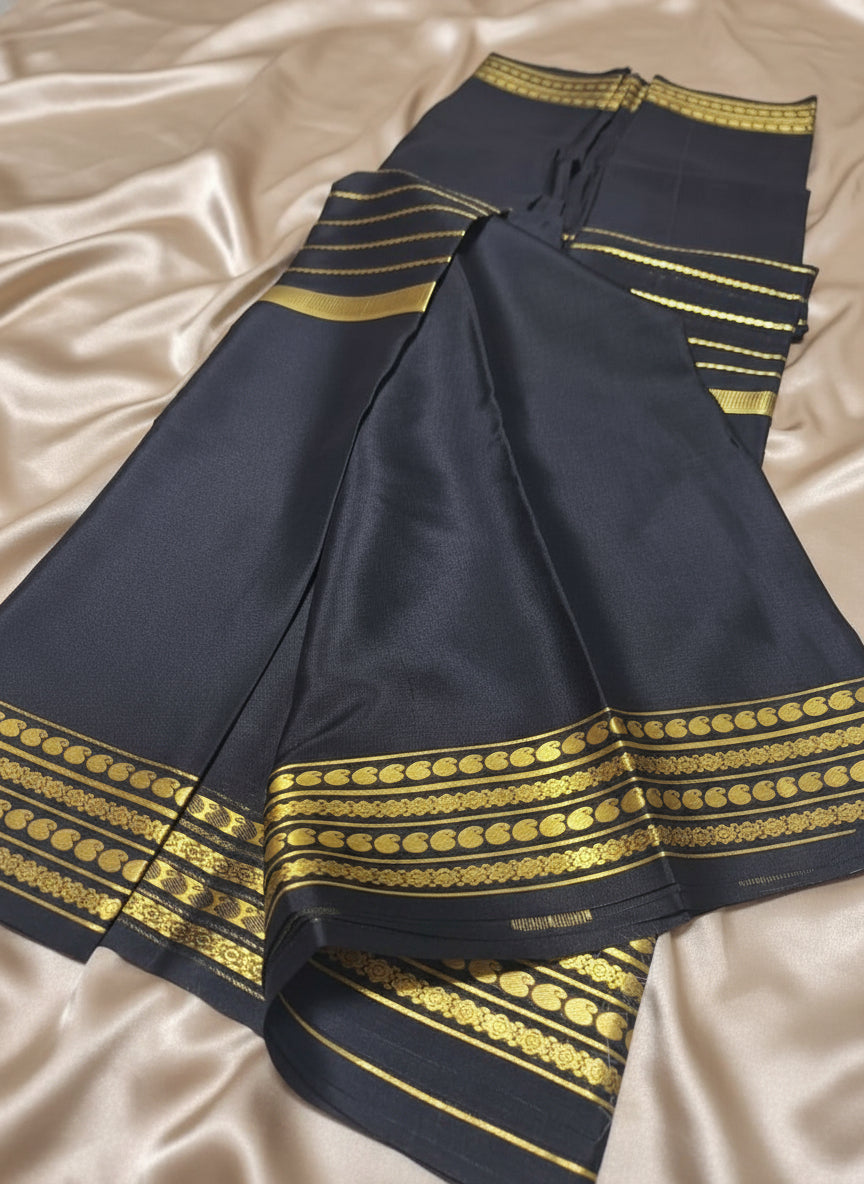 Pure Mysore Crepe Silk - Black Saree center golden zari lines
