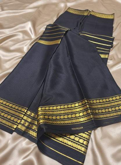 Pure Mysore Crepe Silk - Black Saree center golden zari lines