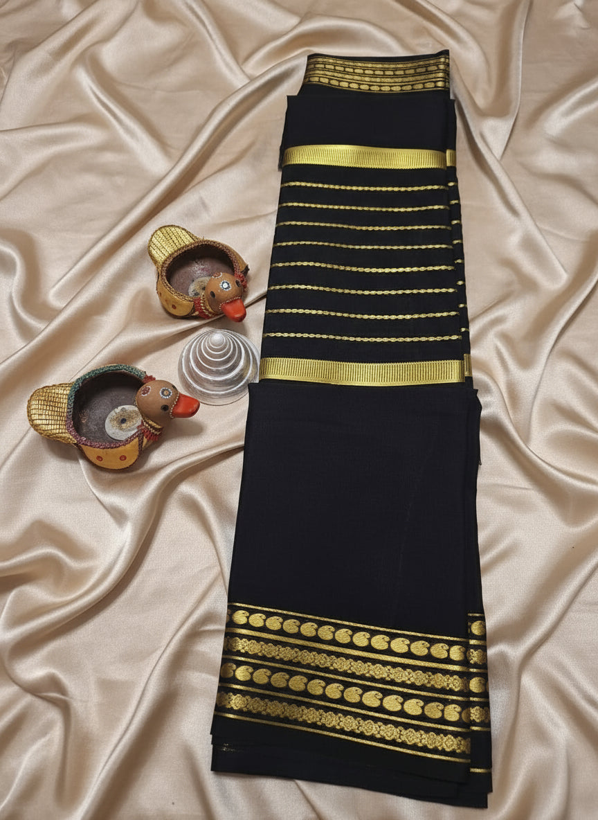 Pure Mysore Crepe Silk - Black Saree center golden zari lines