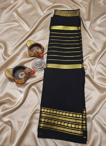Pure Mysore Crepe Silk - Black Saree center golden zari lines