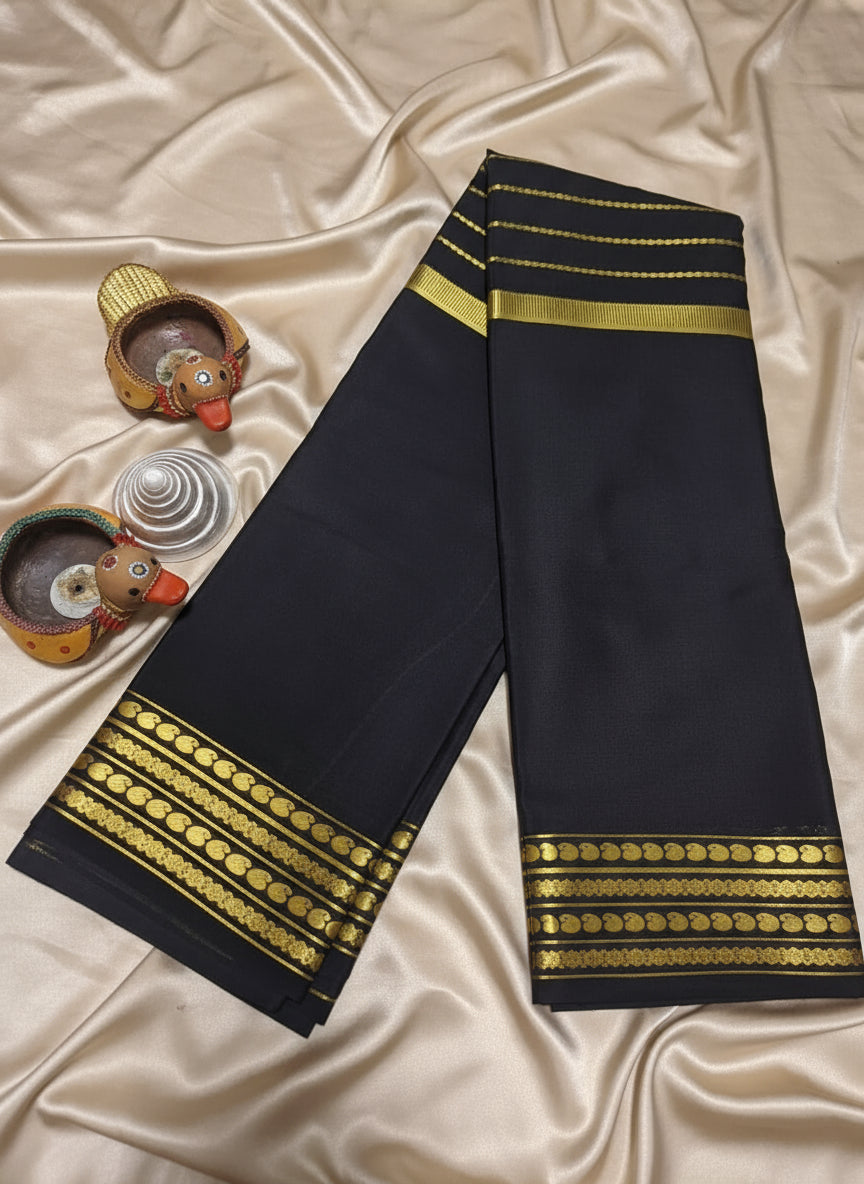 Pure Mysore Crepe Silk - Black Saree center golden zari lines