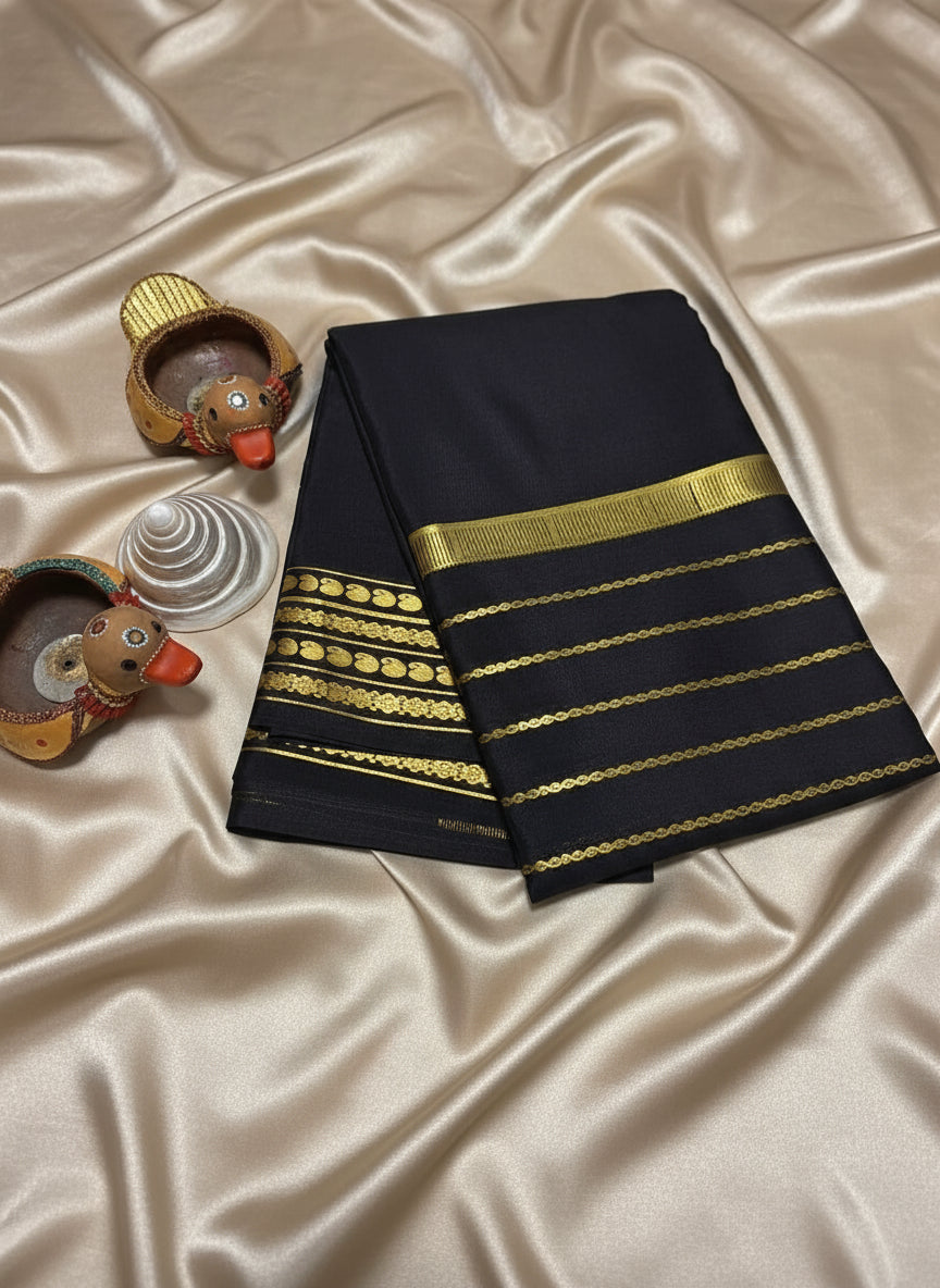 Pure Mysore Crepe Silk - Black Saree center golden zari lines