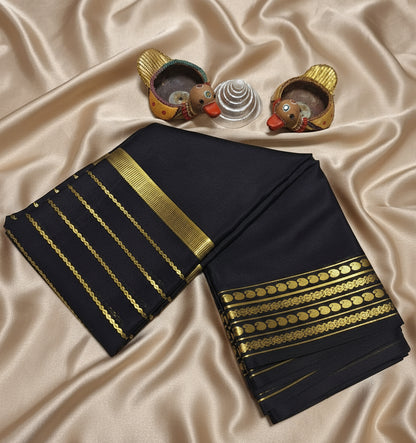 Pure Mysore Crepe Silk - Black Saree center golden zari lines