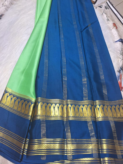 Pure Mysore Crepe Silk - Aquamarine & Teal Blue accented Kairi Motifs