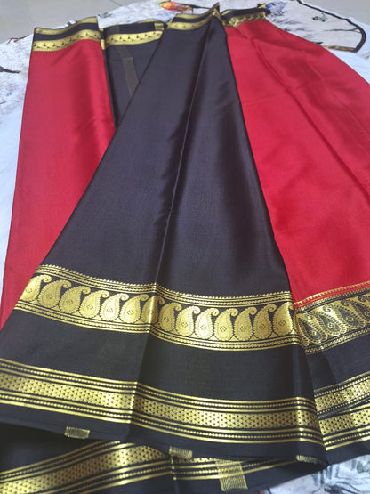 Pure Mysore Crepe Silk - Cherry Red & Black accented Kairi Motifs