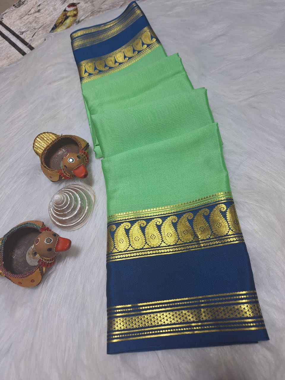 Pure Mysore Crepe Silk - Aquamarine & Teal Blue accented Kairi Motifs