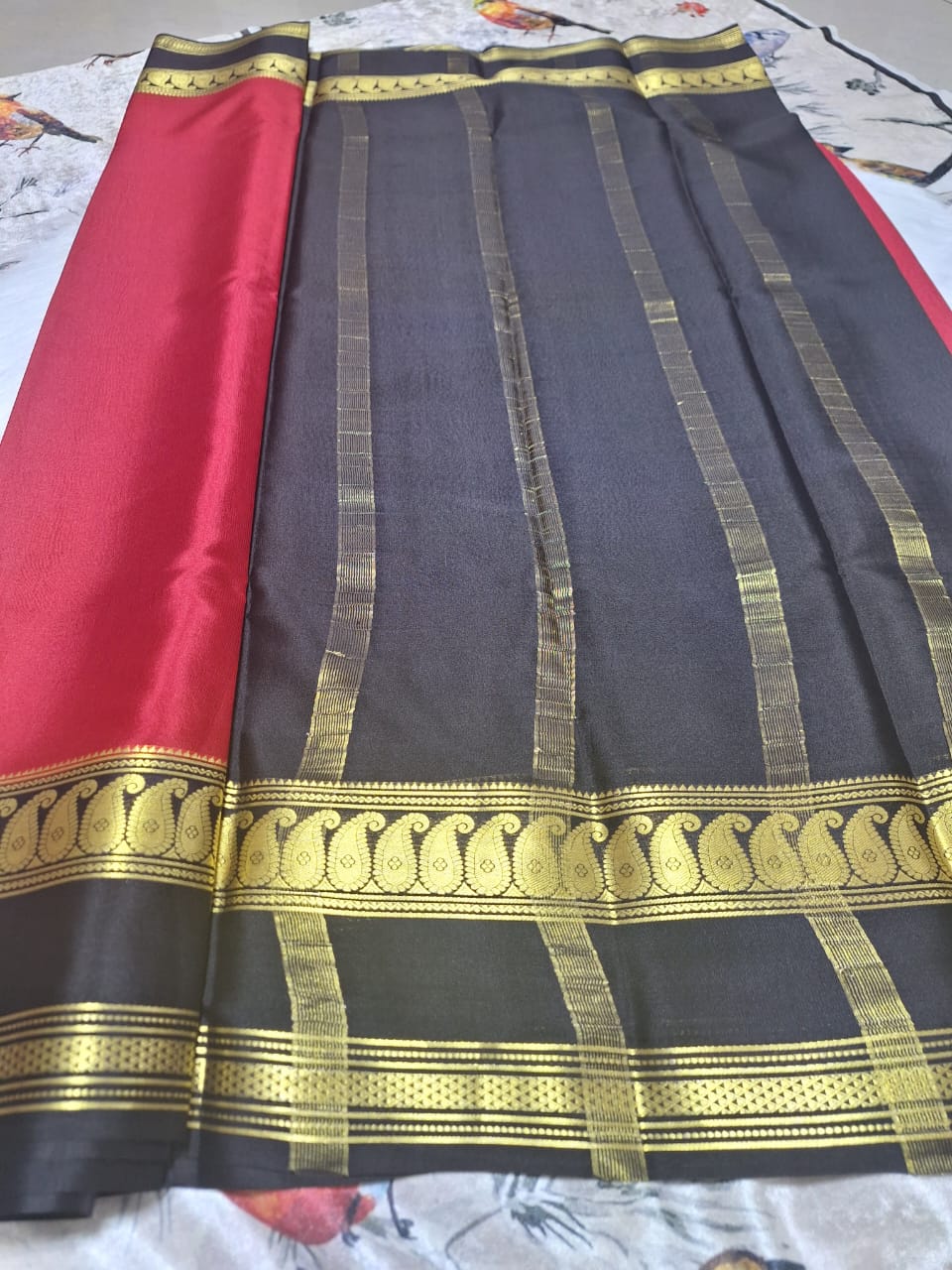 Pure Mysore Crepe Silk - Cherry Red & Black accented Kairi Motifs
