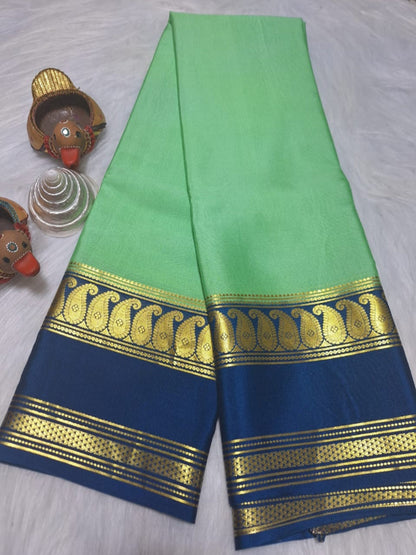 Pure Mysore Crepe Silk - Aquamarine & Teal Blue accented Kairi Motifs