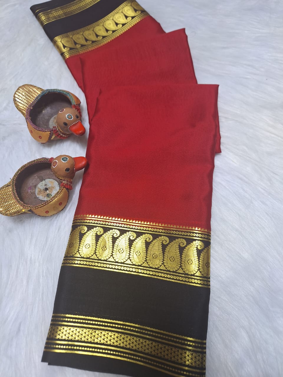 Pure Mysore Crepe Silk - Cherry Red & Black accented Kairi Motifs
