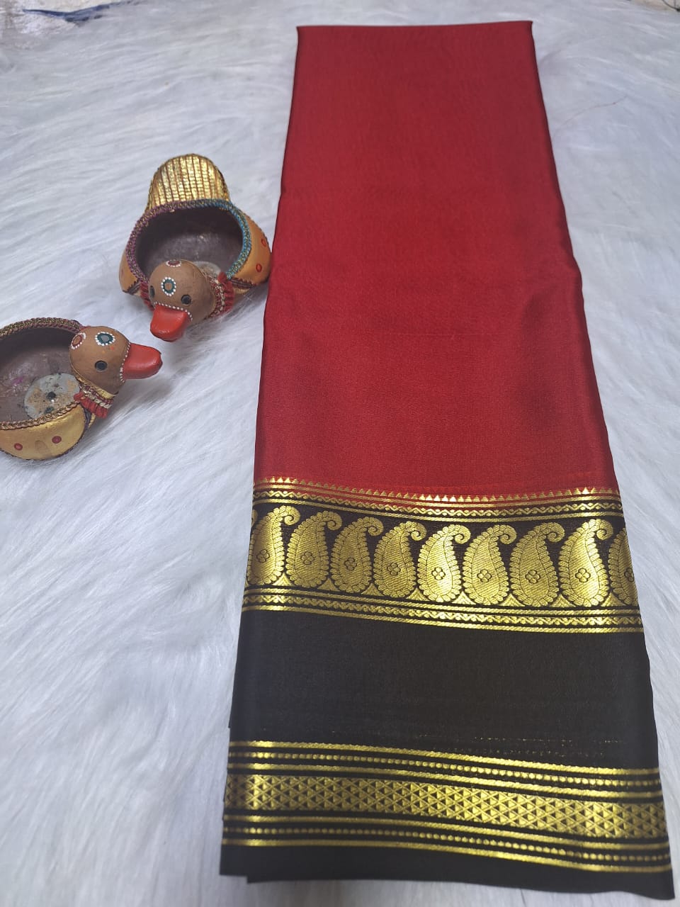 Pure Mysore Crepe Silk - Cherry Red & Black accented Kairi Motifs