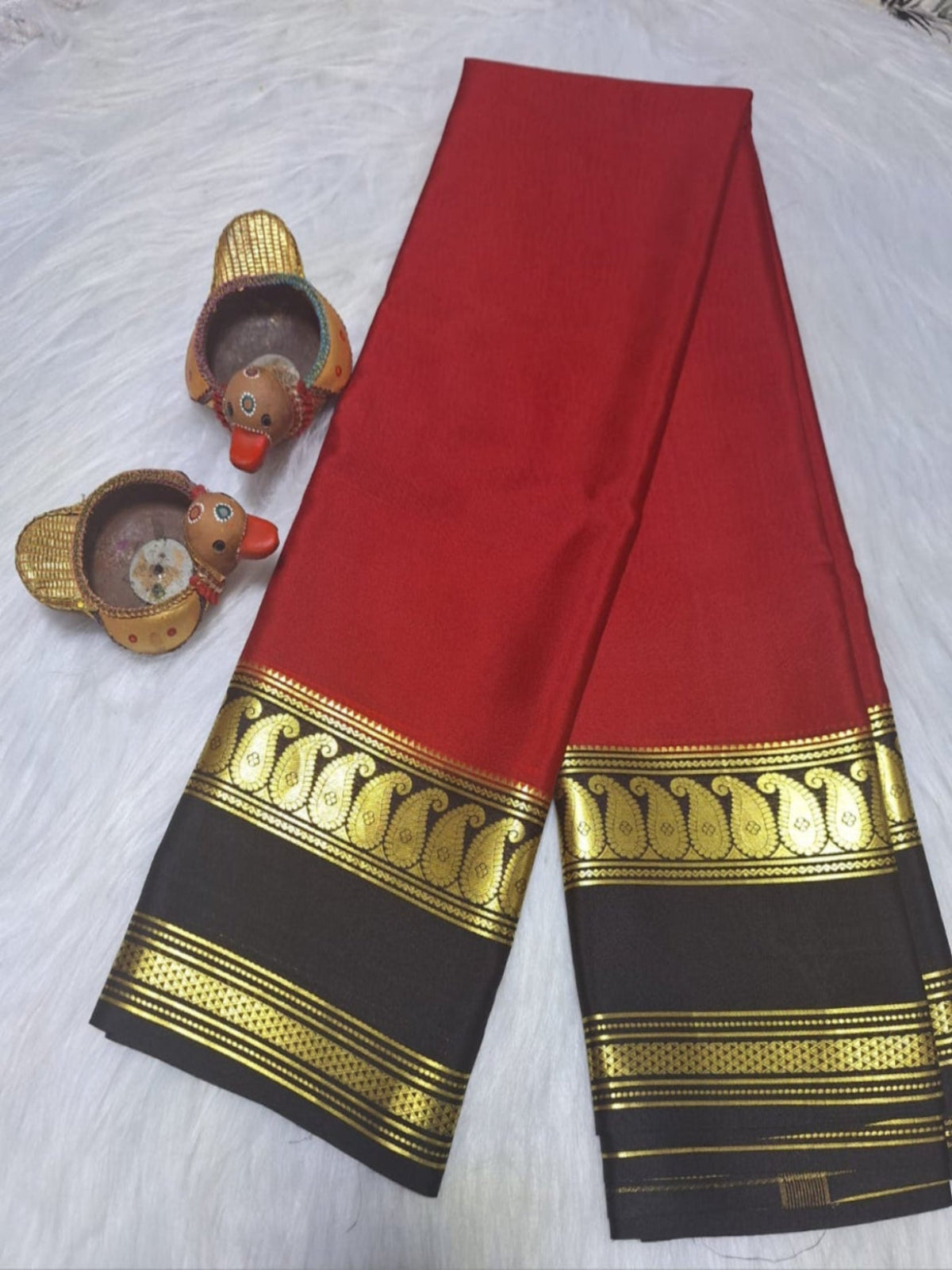 Pure Mysore Crepe Silk - Cherry Red & Black accented Kairi Motifs