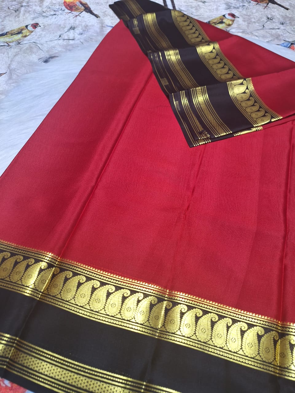 Pure Mysore Crepe Silk - Cherry Red & Black accented Kairi Motifs