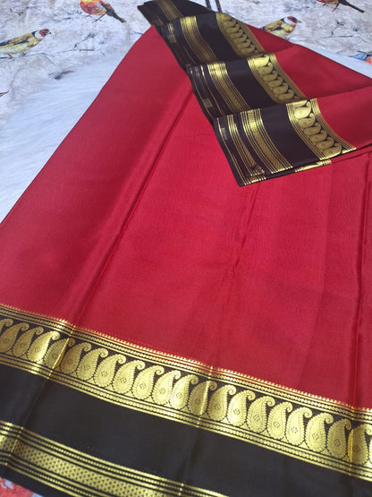 Pure Mysore Crepe Silk - Cherry Red & Black accented Kairi Motifs