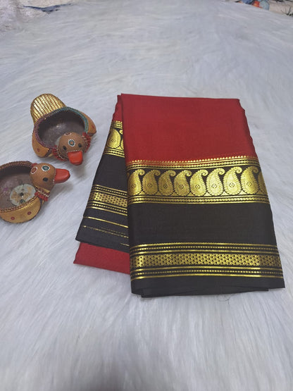 Pure Mysore Crepe Silk - Cherry Red & Black accented Kairi Motifs