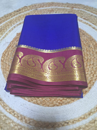 Pure Mysore Crepe Silk - Minimalist Electric Blue & Magenta Kairi Border